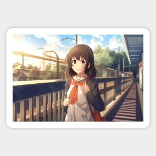 Cute Anime Girl at Train Station - Anime Wallpaper Sticker